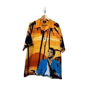 Vintage Scarface Tony Montana Hawaiian Button Up Shirt Men's XL embroidered